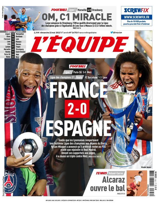 Portada de LEquipe: "Francia 2-España 0"