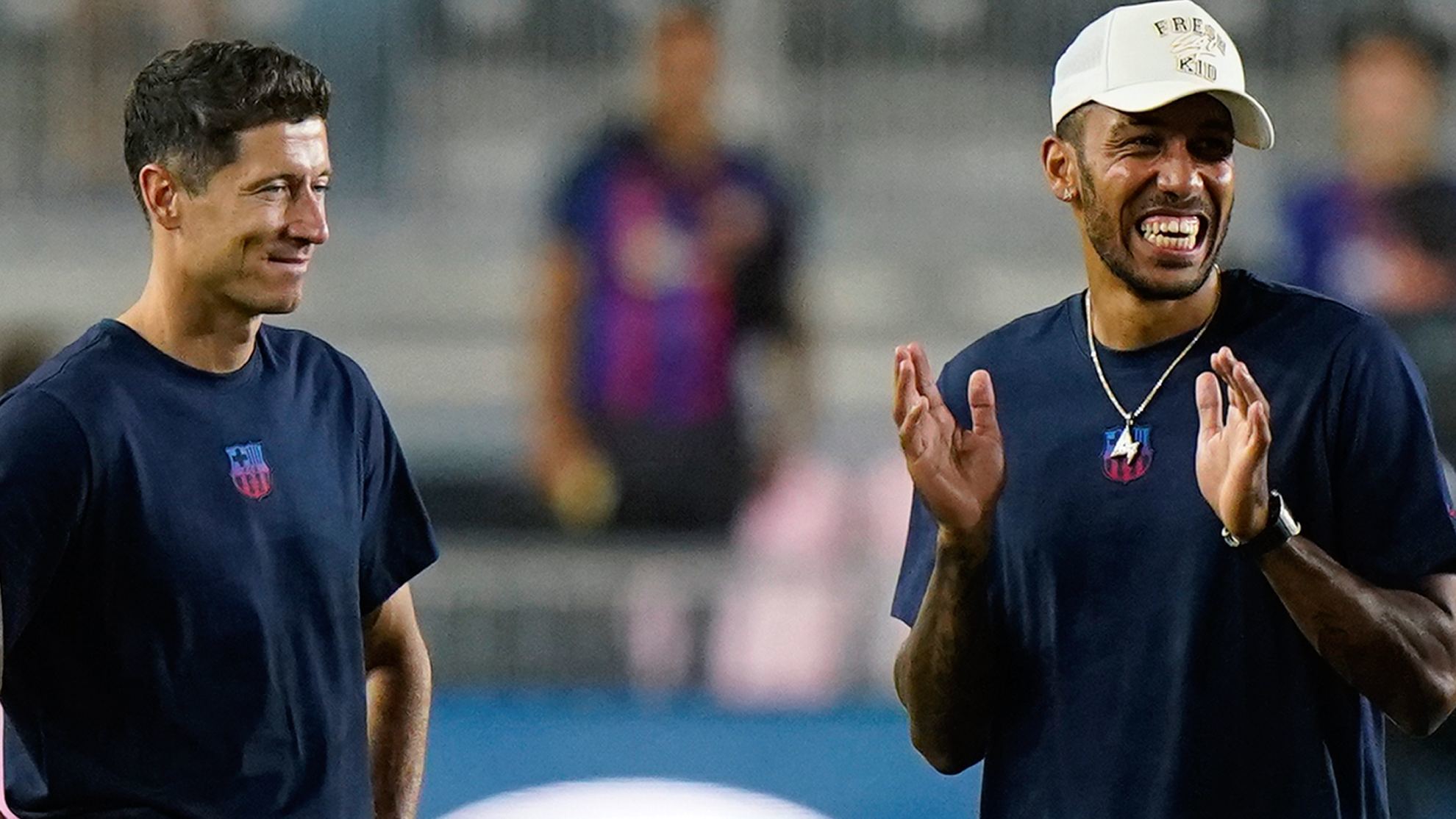 Lewandowski y Aubameyang sonren en una prctica del Barcelona en la gira por Estados Unidos