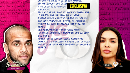 Dani Alves Joana Sanz carta divorcio Ahora Sonsoles Antena 3 exclusiva
