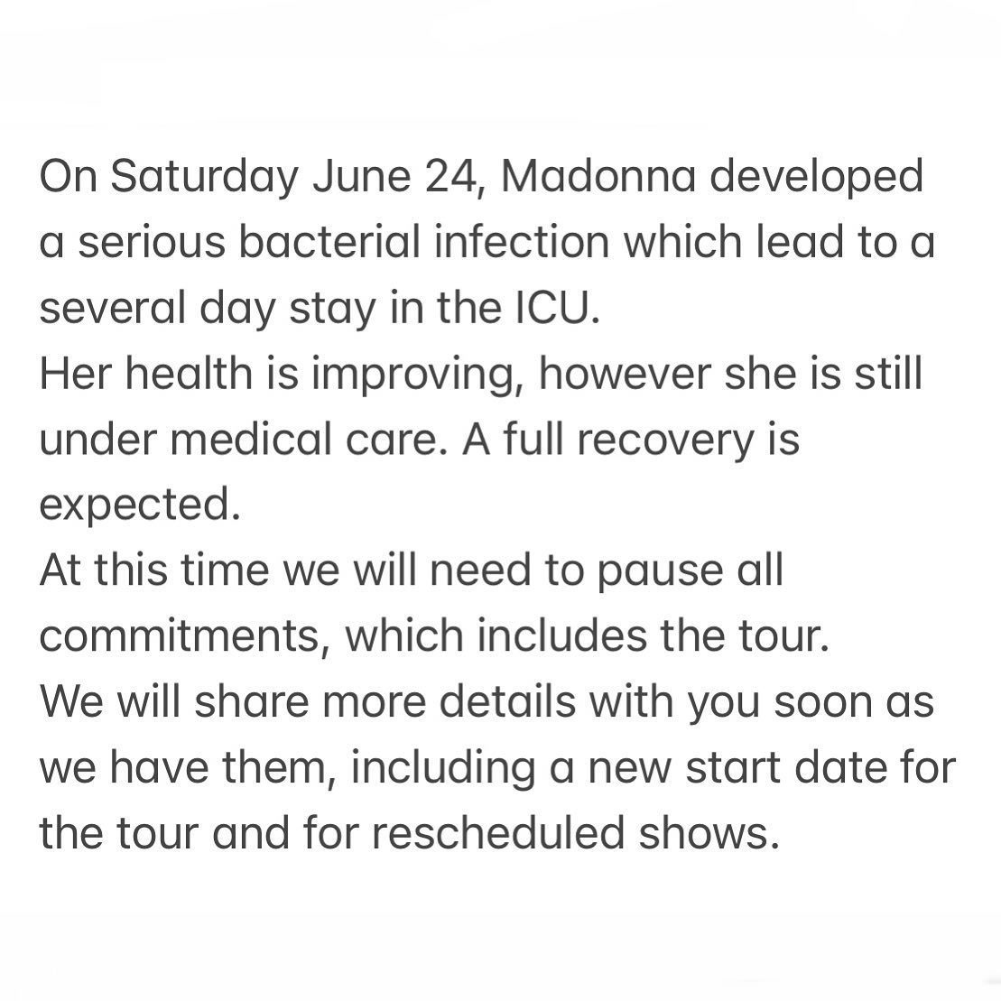 Madonna suspende gira mundial Celebration Tour ingresada UTI UVI infeccin bacteriana