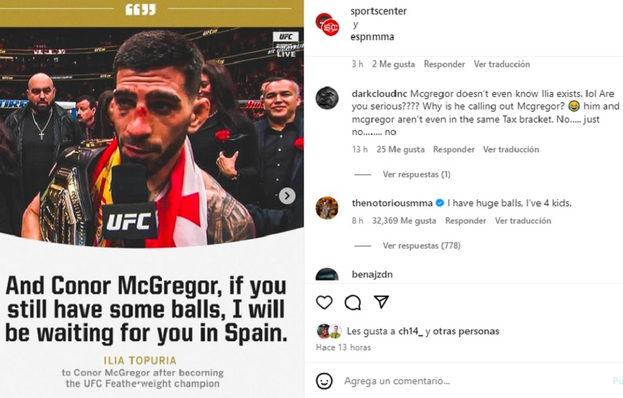 La respuesta de McGregor a travs de un posteo en Instagram de ESPN. (Foto: IG ESPN)