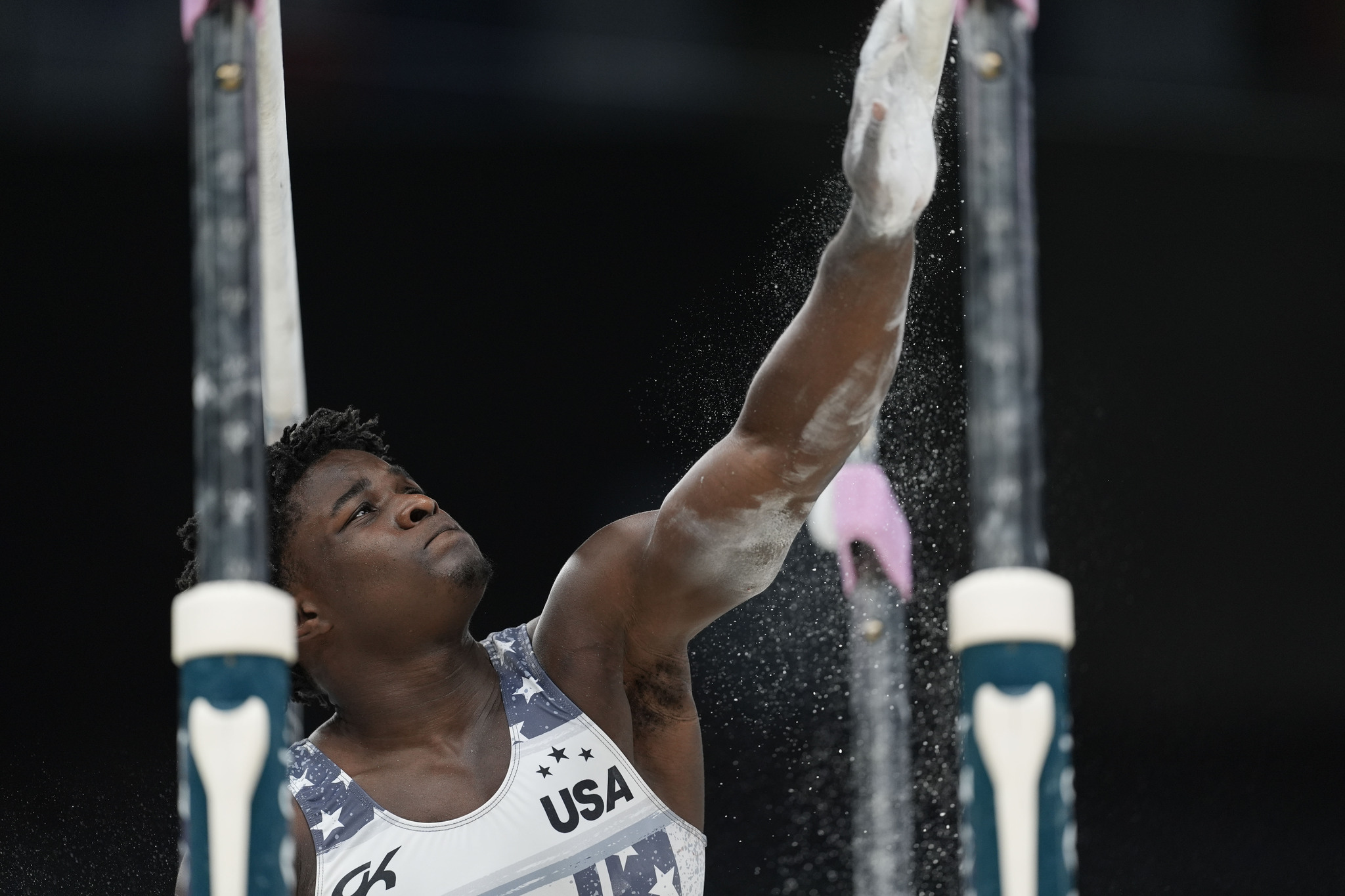 lt;HIT gt;Frederick lt;/HIT gt; lt;HIT gt;Richard lt;/HIT gt; of the United States practices the parallel bars during a gymnastic training session at Bercy Arena at the 2024 Summer Olympics, Wednesday, July 24, 2024, in Paris, France. (AP Photo/Abbie Parr)