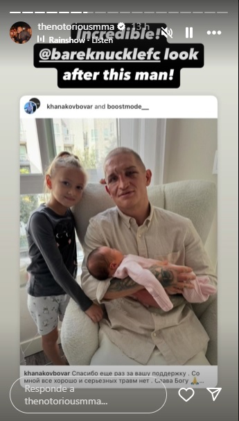 Conor McGregor mostr su apoyo a Khanakov Bovar en sus historias de Instagram.