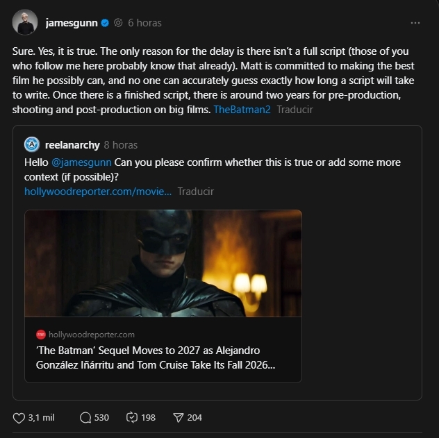 Explicacin de James Gunn sobre el retraso de The Batman - Part II