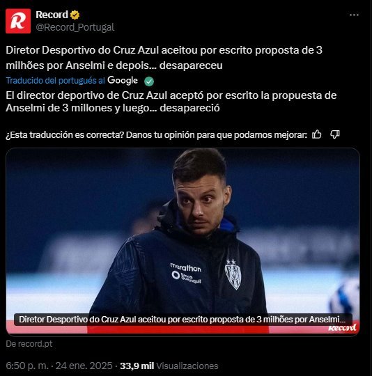 Tuit del diario Rcord de Portugal