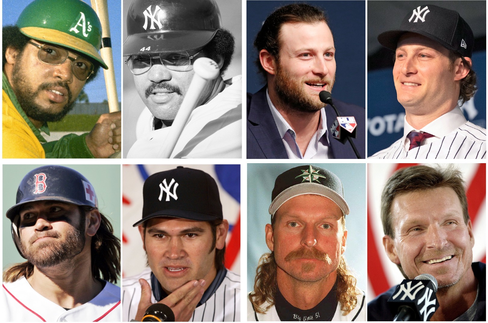 Cuatro de los mejores ejemplos de la poltica de cabello y barba de los Yankees: Reggie Jackson, Gerrit Cole, Johnny Damon y Randy Johnson. Lapresse