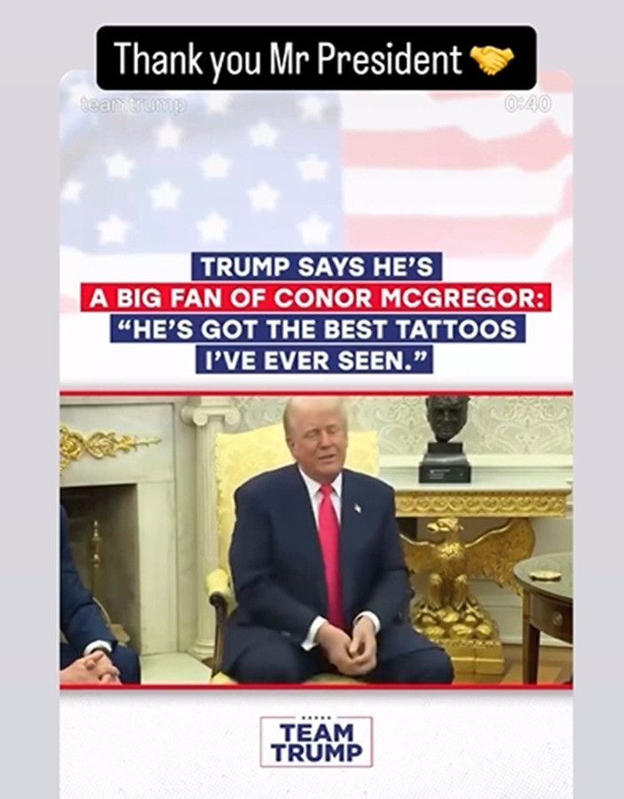 McGregor agradece a Trump en sus historias. (Foto IG @thenotoriousmma)